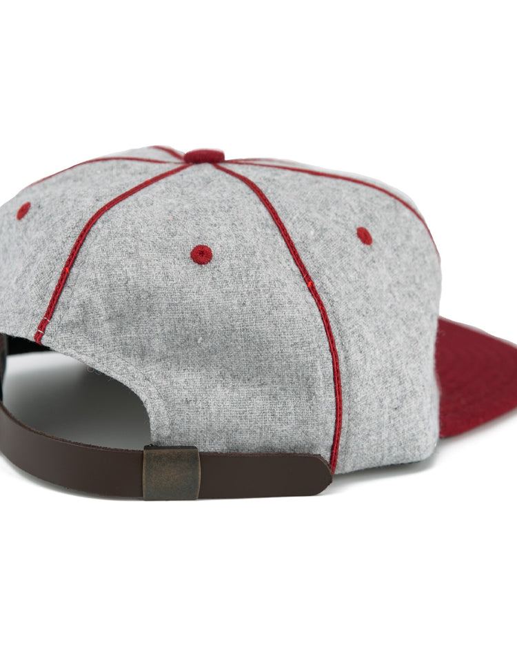 The EFF San Francisco Post Office 1939 Vintage Ballcap is gray with maroon accents and stitching, shown from the back with a brown adjustable leather strap and metal buckle.