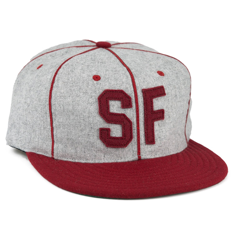 The EFF San Francisco Post Office 1939 Vintage Ballcap is a genuine wool cap in gray with a red brim, red stitching, and bold red SF letters on the front—capturing classic San Francisco style.