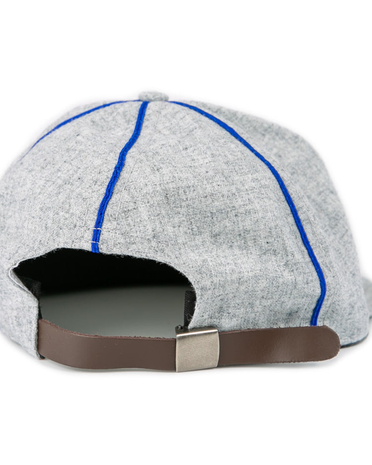 The EFF Southern Methodist University 1941 Vintage Ballcap, shown from the back on a white background, features gray fabric with blue stitching and an adjustable brown leather strap with a metal clasp.