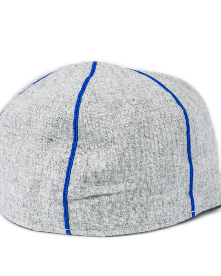 The EFF Southern Methodist University 1941 Vintage Ballcap is crafted from genuine wool in light gray with visible blue vertical stitching, displayed on a white background.