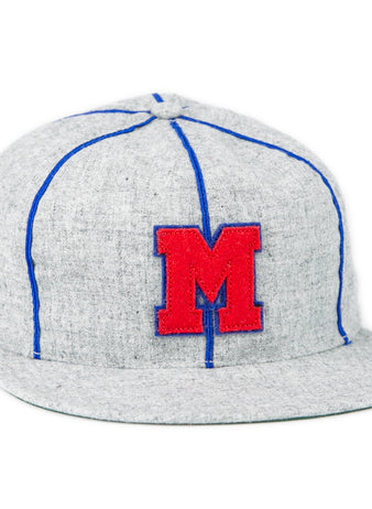 The EFF Southern Methodist University 1941 Vintage Ballcap is a gray genuine wool cap with blue stitching and a bold red M patch on the front, inspired by SMU’s classic 1941 design.