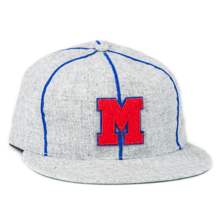 The EFF Southern Methodist University 1941 Vintage Ballcap is a gray genuine wool cap with blue stitching and a bold red M patch on the front, inspired by SMU’s classic 1941 design.