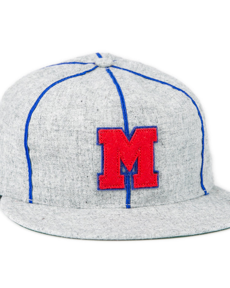 The EFF Southern Methodist University 1941 Vintage Ballcap is a gray genuine wool cap with blue stitching and a bold red M patch on the front, inspired by SMU’s classic 1941 design.
