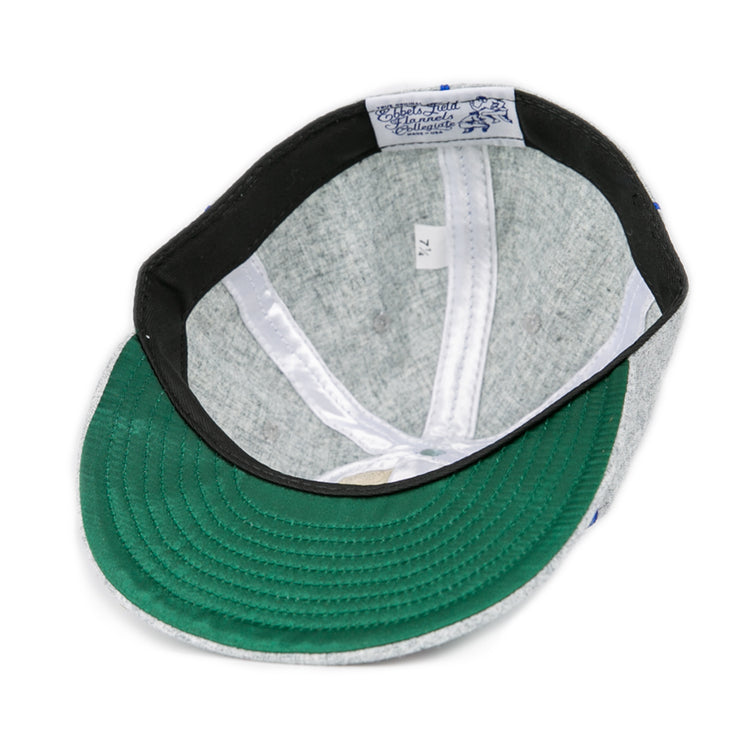 The EFF Southern Methodist University 1941 Vintage Ballcap is a gray genuine wool cap shown from the inside, featuring a green under-visor, black sweatband, white “7 1/4” size tag, and inner lining with decorative logo and stitching.