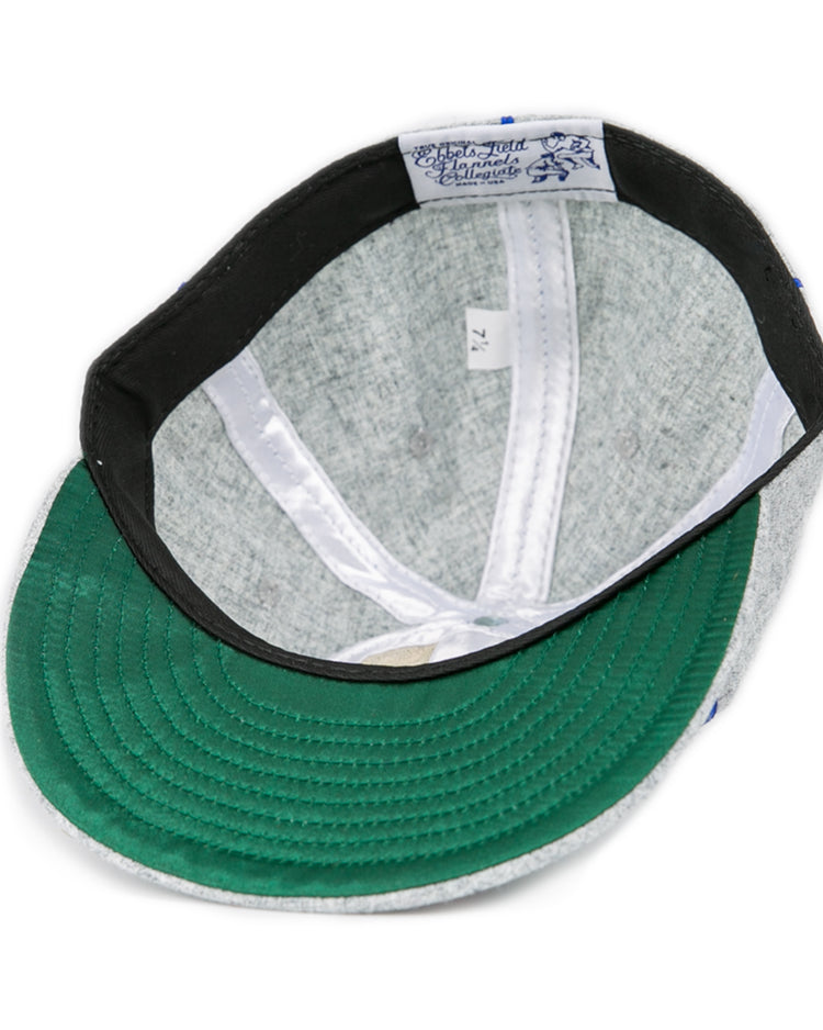 The EFF Southern Methodist University 1941 Vintage Ballcap is a gray genuine wool cap shown from the inside, featuring a green under-visor, black sweatband, white “7 1/4” size tag, and inner lining with decorative logo and stitching.