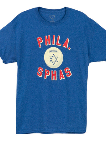The Philadelphia Sphas 1949 T-Shirt by EFF features PHILA. SPHAS in red and white around a basketball with a Star of David, paying tribute to the legendary American Basketball League team.