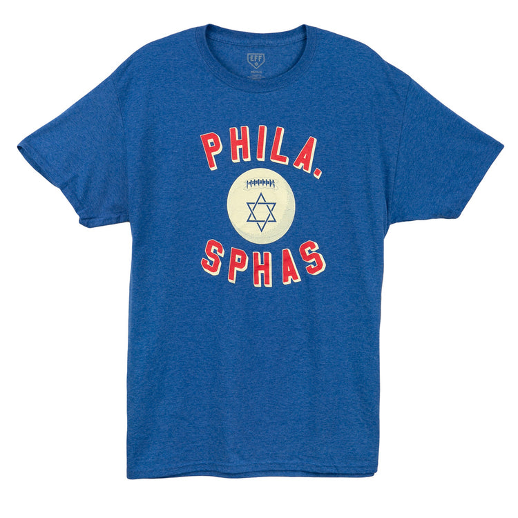 The Philadelphia Sphas 1949 T-Shirt by EFF features PHILA. SPHAS in red and white around a basketball with a Star of David, paying tribute to the legendary American Basketball League team.