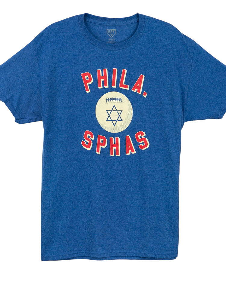 The Philadelphia Sphas 1949 T-Shirt by EFF features PHILA. SPHAS in red and white around a basketball with a Star of David, paying tribute to the legendary American Basketball League team.