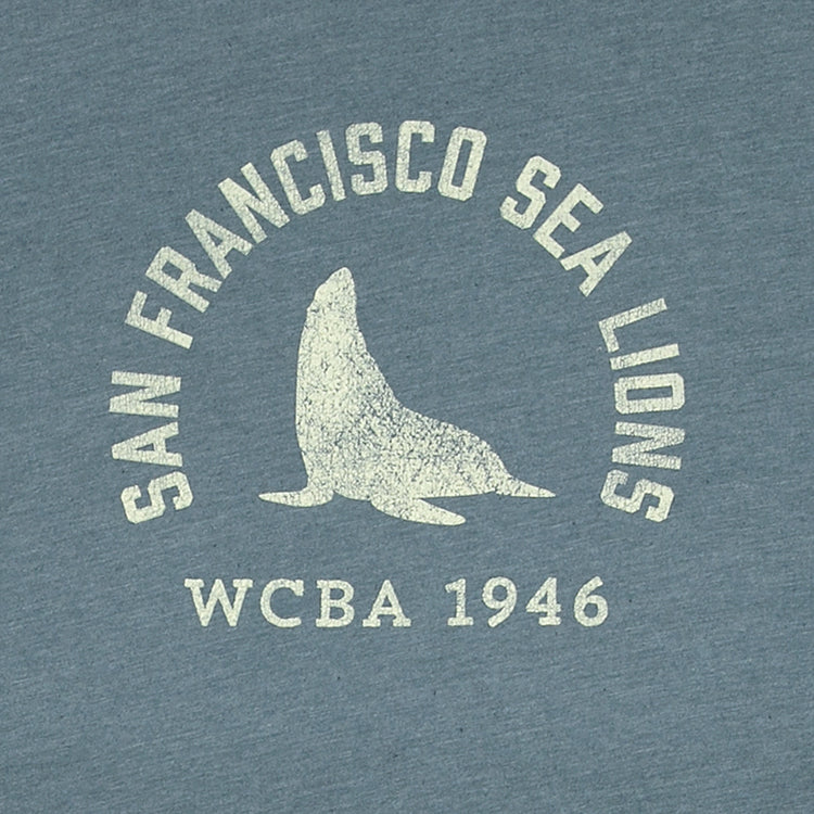 The San Francisco Sea Lions 1946 T-Shirt by EFF features a sea lion graphic with “San Francisco Sea Lions” and “WCBA 1946” on blue premium cotton, celebrating the West Coast Baseball Association.
