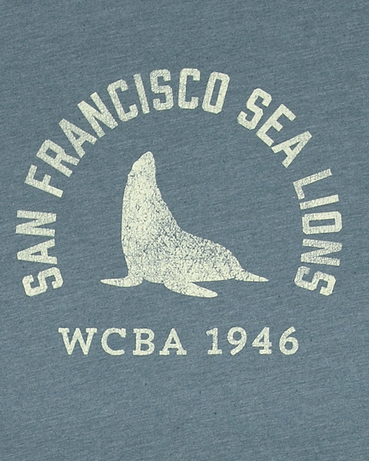 The San Francisco Sea Lions 1946 T-Shirt by EFF features a sea lion graphic with “San Francisco Sea Lions” and “WCBA 1946” on blue premium cotton, celebrating the West Coast Baseball Association.