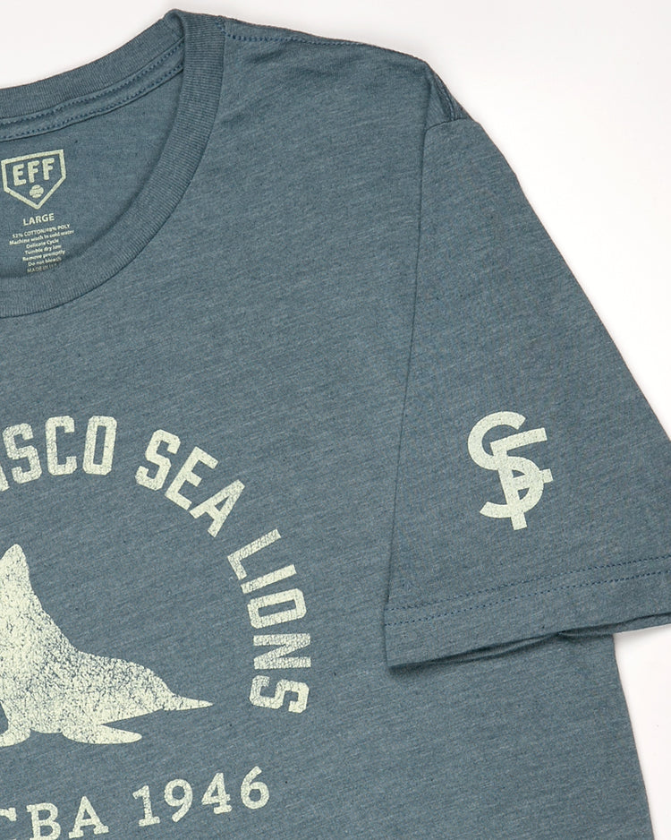 The EFF San Francisco Sea Lions 1946 T-Shirt is a unisex heathered tee with a sea lion graphic and “San Francisco Sea Lions WCBA 1946” on the front, CSA initials on the sleeve, celebrating West Coast Baseball Association history in cotton comfort.
