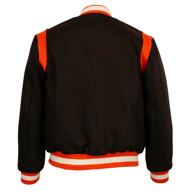 The EFF St. Louis Browns 1952 Authentic Jacket is a vintage wool varsity in black, with orange and white striped cuffs, waistband, and collar. Shown from the back, it has bold orange shoulder accents and no visible logos.