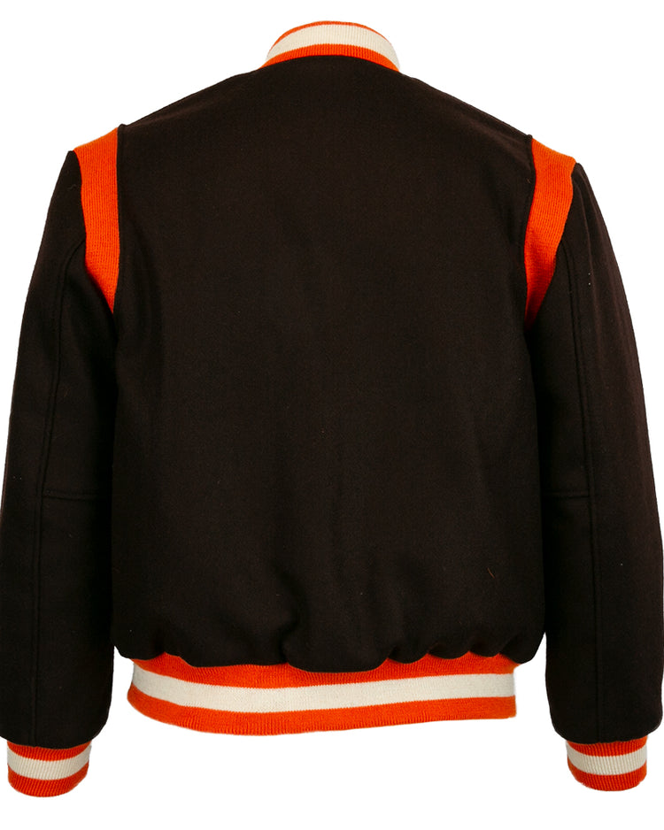 The EFF St. Louis Browns 1952 Authentic Jacket is a vintage wool varsity in black, with orange and white striped cuffs, waistband, and collar. Shown from the back, it has bold orange shoulder accents and no visible logos.