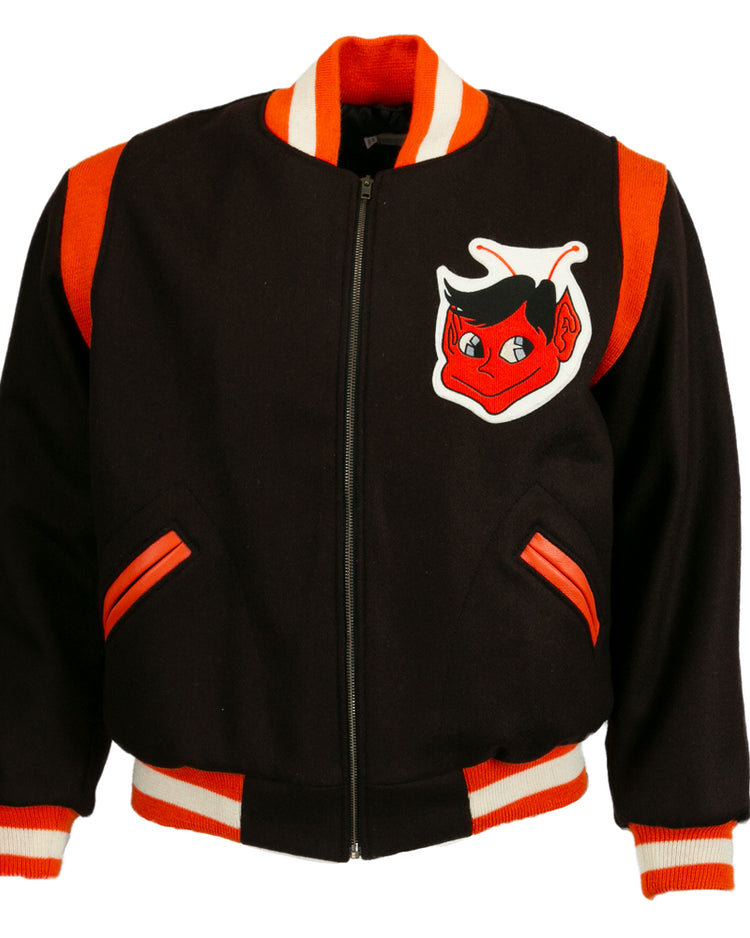 The EFF St. Louis Browns 1952 Authentic Jacket is a black vintage wool baseball jacket with orange and white striped cuffs, collar, and waistband, featuring a red cartoon devil face patch with black hair on the chest.