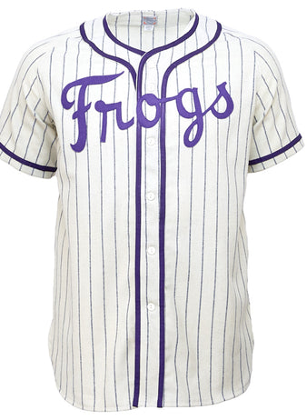 The EFF Texas Christian University 1963 Home Jersey is a white TCU jersey with thin blue stripes, purple piping on the collar and buttons, and Frogs in bold purple script—a classic, officially licensed look.