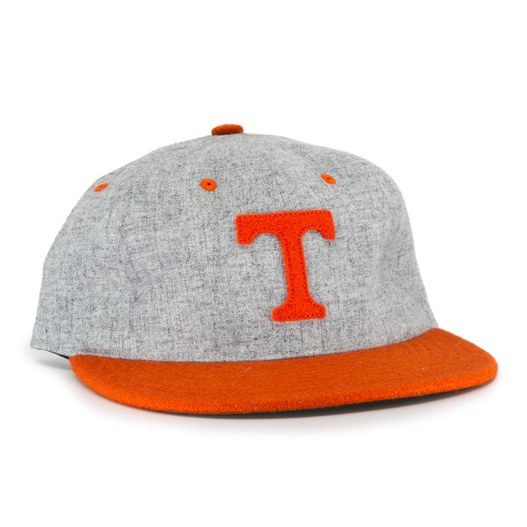 The Ebbets Field Flannels University of Tennessee 1962 Vintage Ballcap features a gray crown, orange brim and button, plus a bold orange T—ideal for Volunteers fans wanting an authentic retro look.