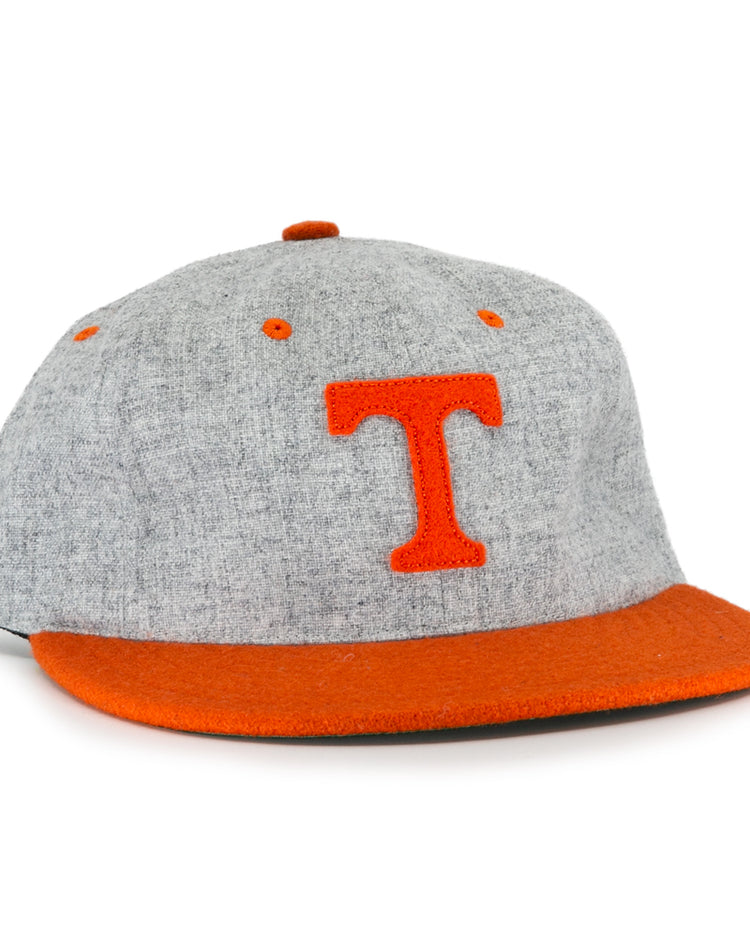 The Ebbets Field Flannels University of Tennessee 1962 Vintage Ballcap features a gray crown, orange brim and button, plus a bold orange T—ideal for Volunteers fans wanting an authentic retro look.