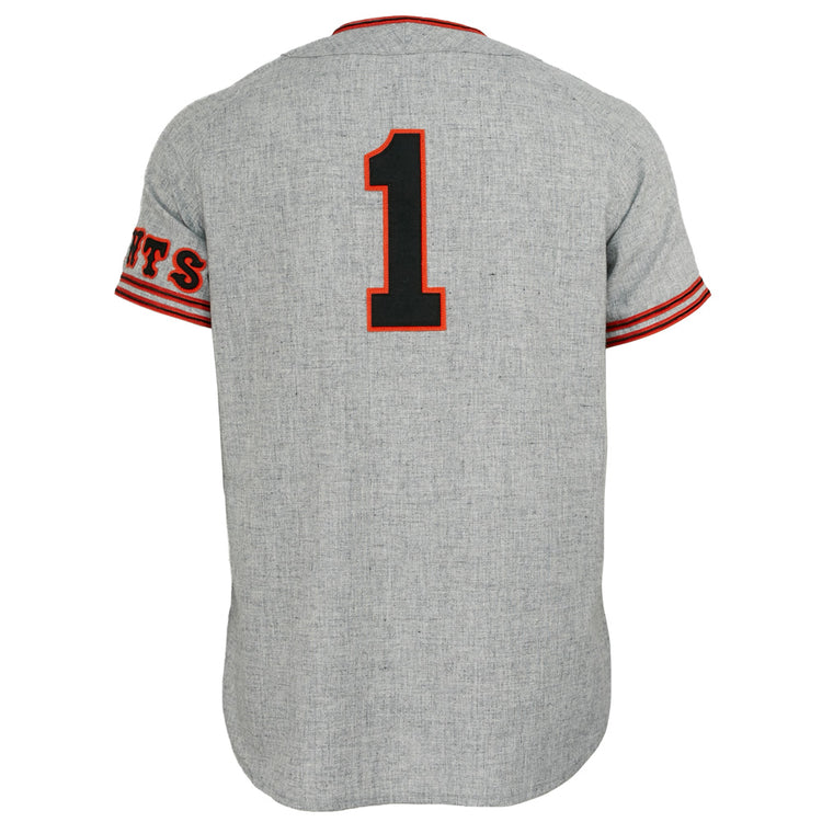 EFF Tokyo Kyojin (Giants) 1961 Road Jersey in gray, featuring a large black and red number 1 on the back, red-striped sleeves, and partial red text on the left sleeve—authentic vintage style.