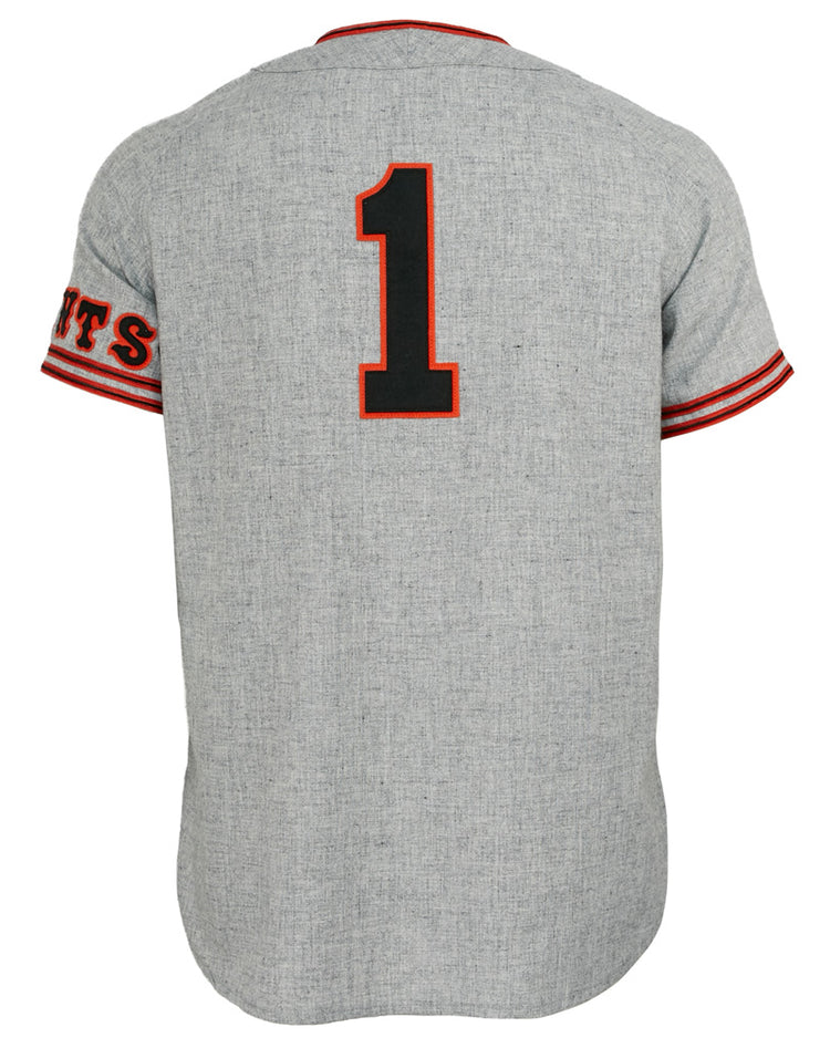 EFF Tokyo Kyojin (Giants) 1961 Road Jersey in gray, featuring a large black and red number 1 on the back, red-striped sleeves, and partial red text on the left sleeve—authentic vintage style.