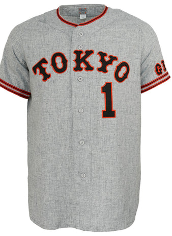 The EFF Tokyo Kyojin (Giants) 1961 Road Jersey is an authentic gray Japanese League jersey with red and black trim, TOKYO across the chest, number 1 below, and GI on the sleeve—a classic nod to Sadaharu Oh.