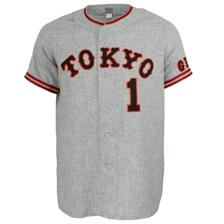 The EFF Tokyo Kyojin (Giants) 1961 Road Jersey is an authentic gray Japanese League jersey with red and black trim, TOKYO across the chest, number 1 below, and GI on the sleeve—a classic nod to Sadaharu Oh.