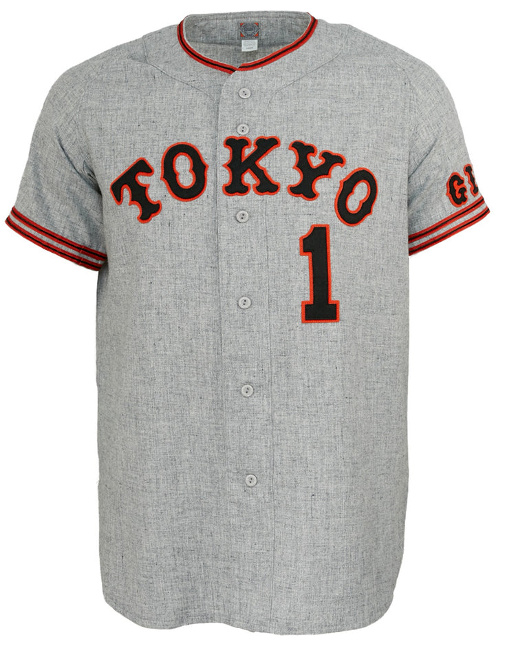 The EFF Tokyo Kyojin (Giants) 1961 Road Jersey is an authentic gray Japanese League jersey with red and black trim, TOKYO across the chest, number 1 below, and GI on the sleeve—a classic nod to Sadaharu Oh.
