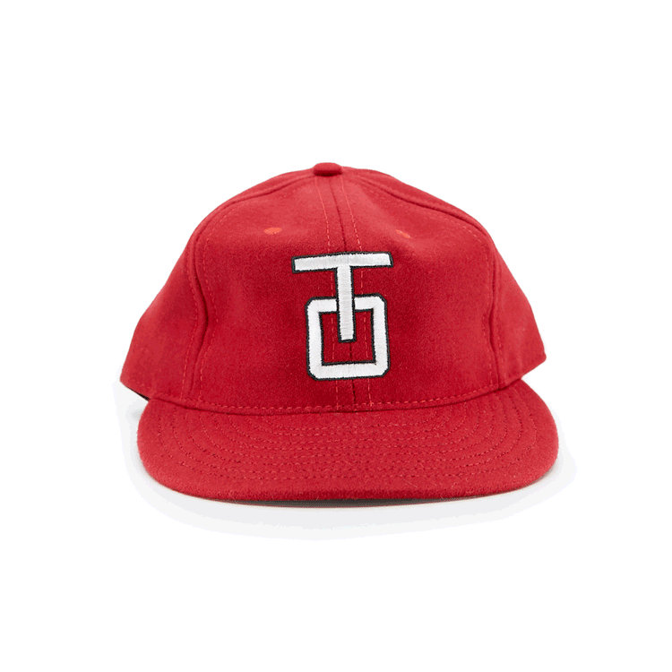 The EFF Tulsa Oilers 1966 Vintage Ballcap is a red wool cap with a white and black TJ logo embroidered on the front, inspired by classic Tulsa Oilers style, shown against a plain white background.