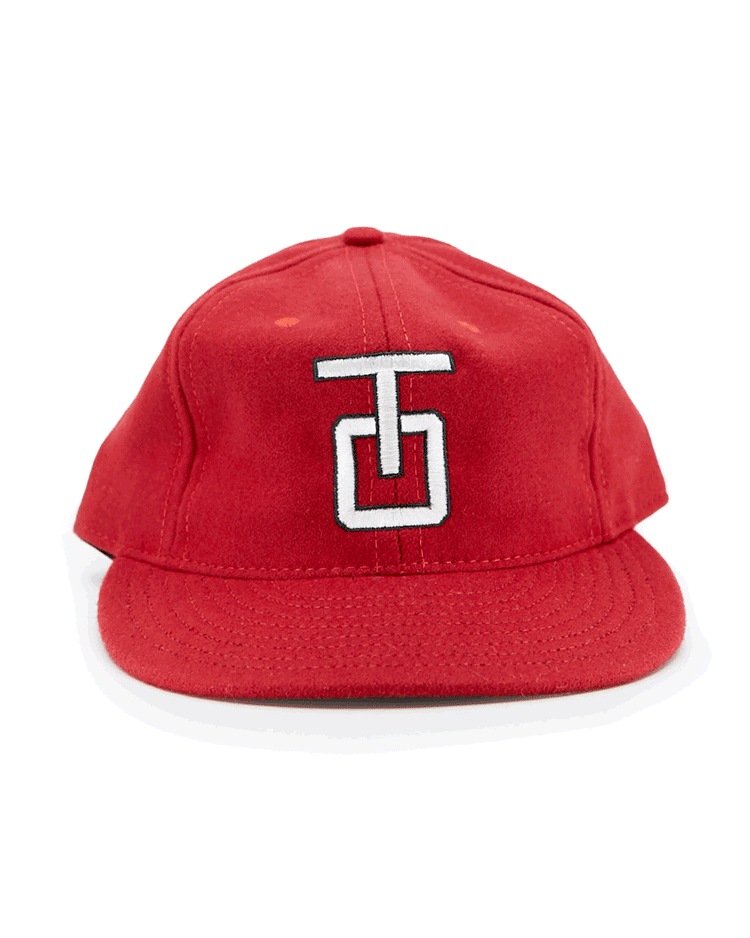 The EFF Tulsa Oilers 1966 Vintage Ballcap is a red wool cap with a white and black TJ logo embroidered on the front, inspired by classic Tulsa Oilers style, shown against a plain white background.