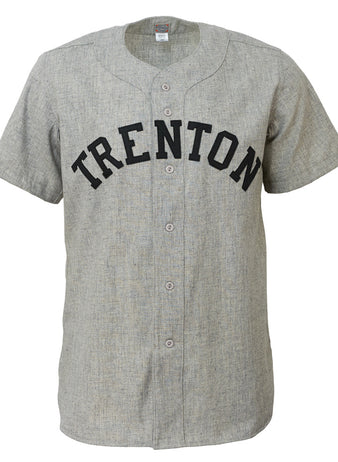 The EFF Trenton Giants 1950 Road Jersey is a gray, short-sleeved button-up with TRENTON in bold black letters, inspired by authentic flannel styles from the Willie Mays era Negro leagues.