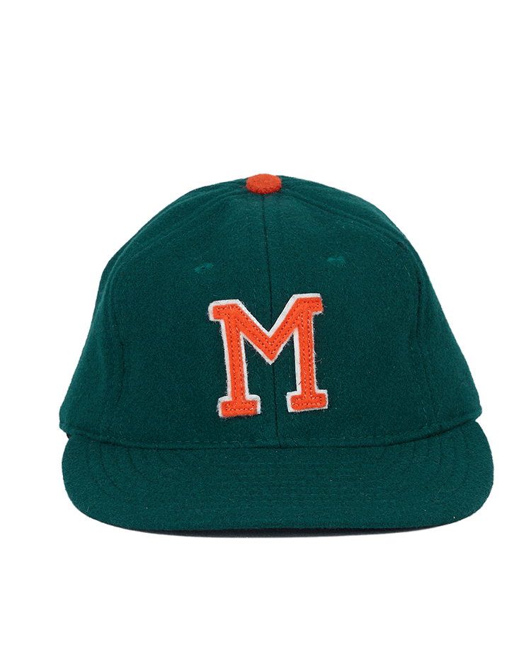 The EFF University of Miami 1958 Vintage Ballcap features dark green fabric, an orange and white letter M on the front, and an orange top button, displayed against a white background.