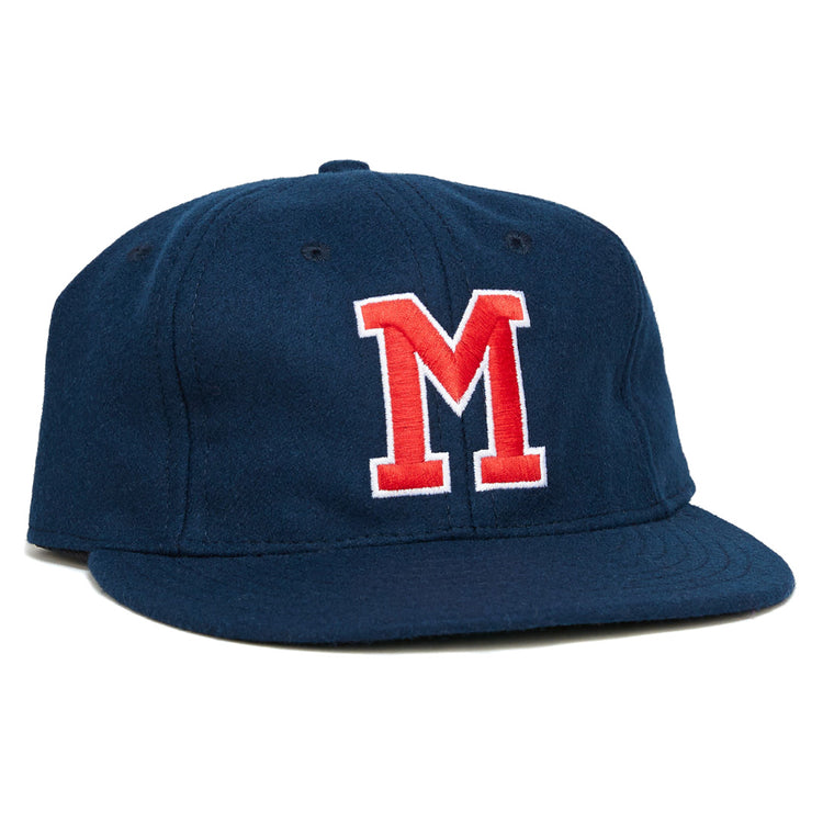 The University of Mississippi 1969 Vintage Ballcap by Ebbets Field Flannels is a navy wool cap with a flat brim and bold red and white M on the front, echoing the classic Ole Miss Rebels look from 1969.