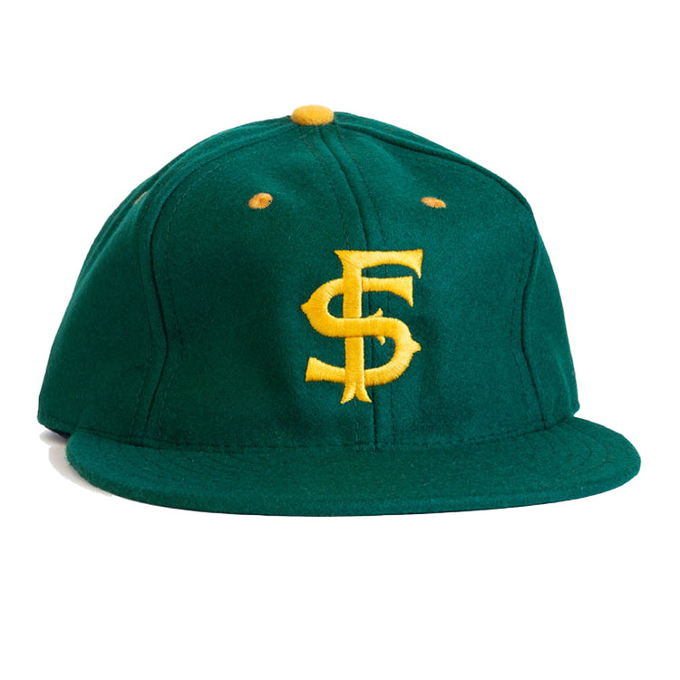The EFF University of San Francisco 1950 Vintage Ballcap is a green wool hat with a yellow top button and yellow “SF” embroidery—perfect for any collegiate baseball cap collection.