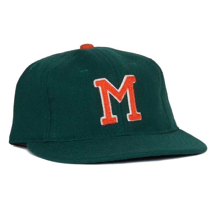 The EFF University of Miami 1958 Vintage Ballcap is a dark green cap with an orange button and a bold orange and white M on the front, inspired by a classic UM design.