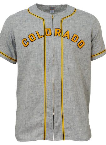 The EFF University of Colorado 1958 Road Jersey is a gray short-sleeve authentic baseball jersey featuring COLORADO in yellow with black outlines and yellow-black piping, inspired by the 1958 Buffaloes uniform.