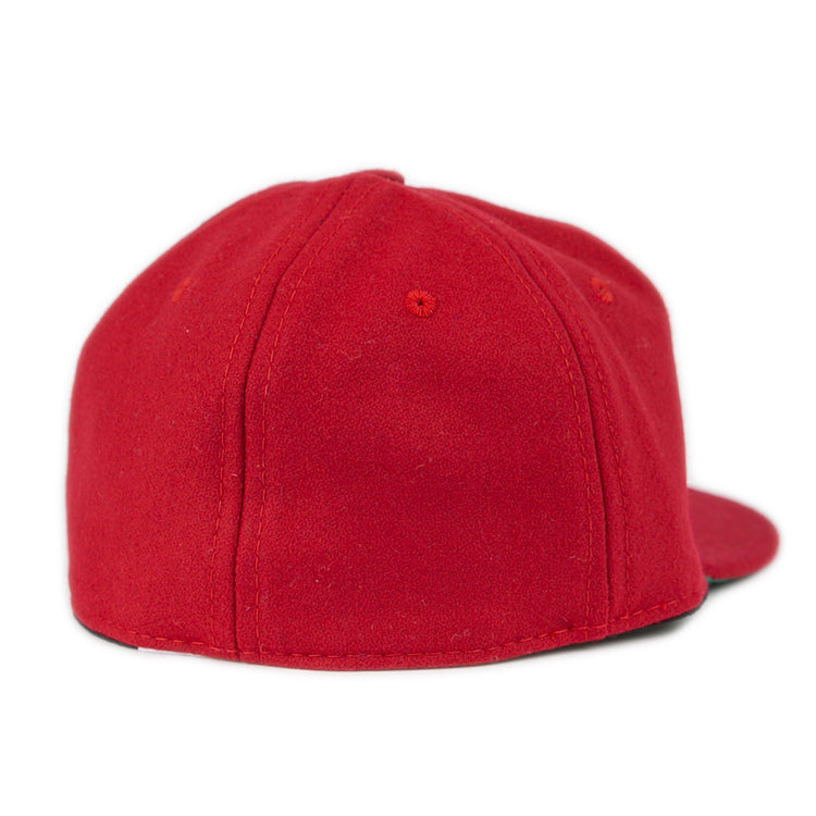The EFF Virginia Tech 1963 Vintage Ballcap is shown from the back and side, featuring a plain red wool design, flat brim, visible stitching, and classic styling inspired by the Collegiate Vault collection.