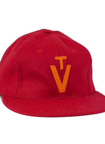 The EFF Virginia Tech 1963 Vintage Ballcap is a wool cap with a flat brim and an orange embroidered TV logo—an officially licensed Collegiate Vault product.