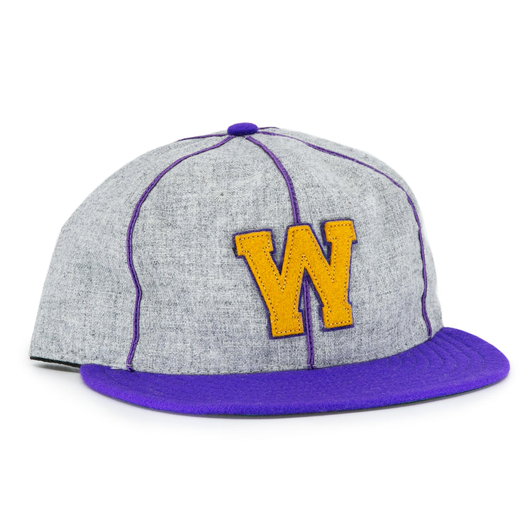 The EFF University of Washington 1938 Vintage Ballcap features gray fabric, a purple brim, purple stitching, and a bold yellow W on the front—a must-have for any UW ballcap collector.