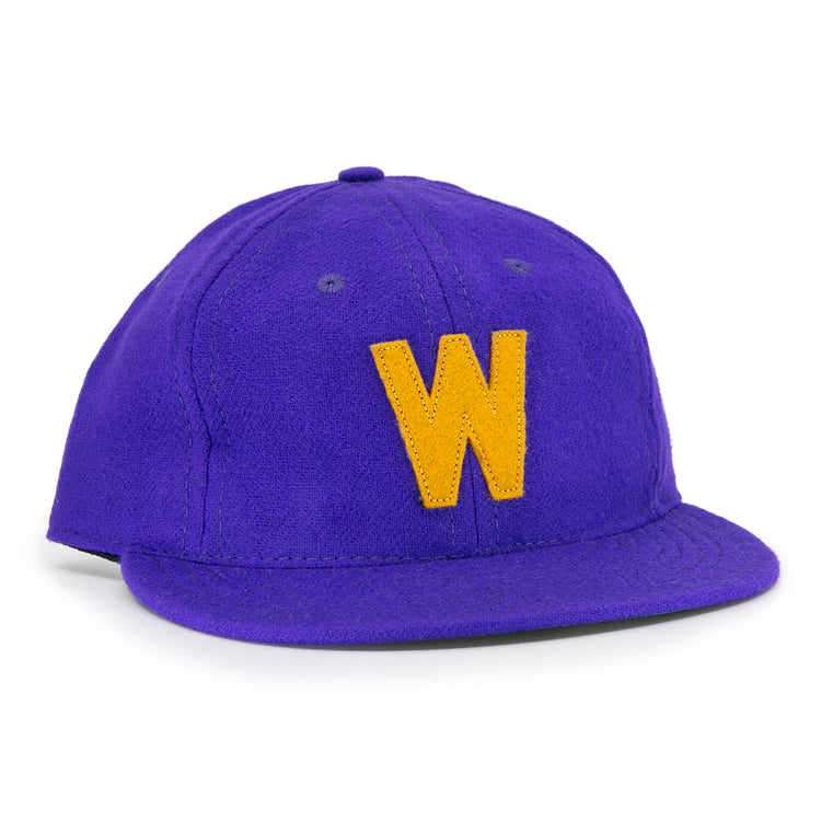 The EFF University of Washington 1950 Vintage Ballcap is a purple cap with a curved brim and a bold yellow W on the front, inspired by classic Huskies style.