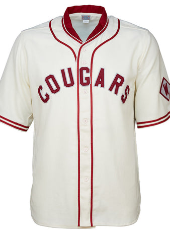 EFF’s Washington State University 1937 Home Jersey features a cream color with red piping, bold red COUGARS lettering on the chest, and a diamond-shaped W patch on the left sleeve—an authentic vintage reproduction.