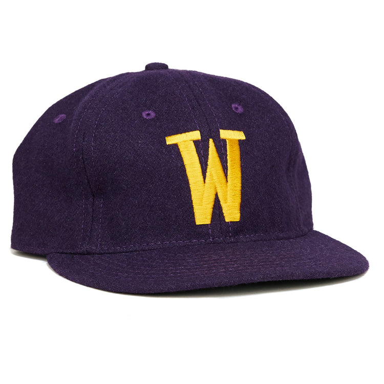 The EFF Williams College 1960 Vintage Ballcap is a purple wool hat featuring a yellow embroidered W on the front—ideal for collectors and fans of Williams College.