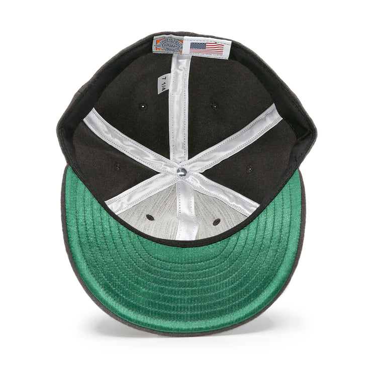 The image shows the underside of the EFF Young Democrats 1972 Vintage Inspired Ballcap, featuring a green brim, silver inner lining, visible stitching, and a small American flag tag sewn inside this genuine wool cap.