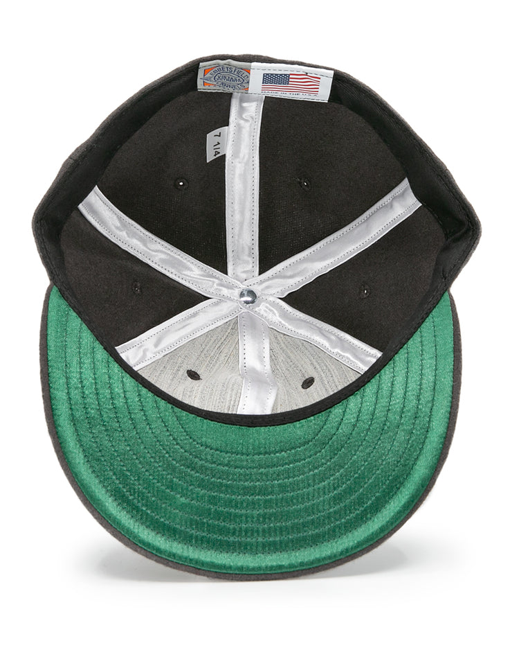 The image shows the underside of the EFF Young Democrats 1972 Vintage Inspired Ballcap, featuring a green brim, silver inner lining, visible stitching, and a small American flag tag sewn inside this genuine wool cap.