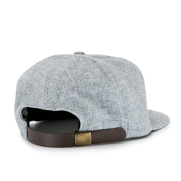 The EFF Hoboken Young Democrats 1972 Vintage Ballcap features light gray fabric, a dark brown adjustable strap with brass buckle, and is inspired by classic Little League wool baseball caps.