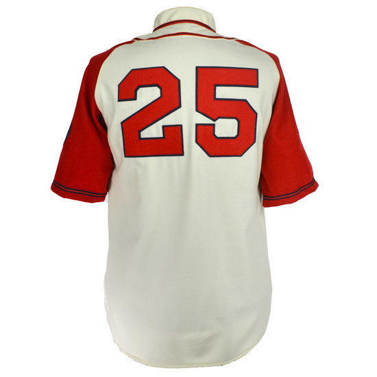 The EFF Kansas City Monarchs 1942 Home Jersey is a white jersey with red sleeves, inspired by the iconic Satchel Paige era and features large red and black 25 on the back, honoring the classic Negro American League style.